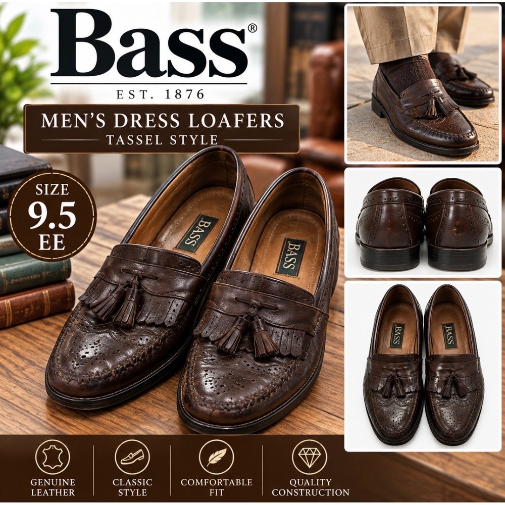 Bass Niles Mens 9.5 EE Dark Brown Leather Kiltie Tassel Loafers Made in Brazil